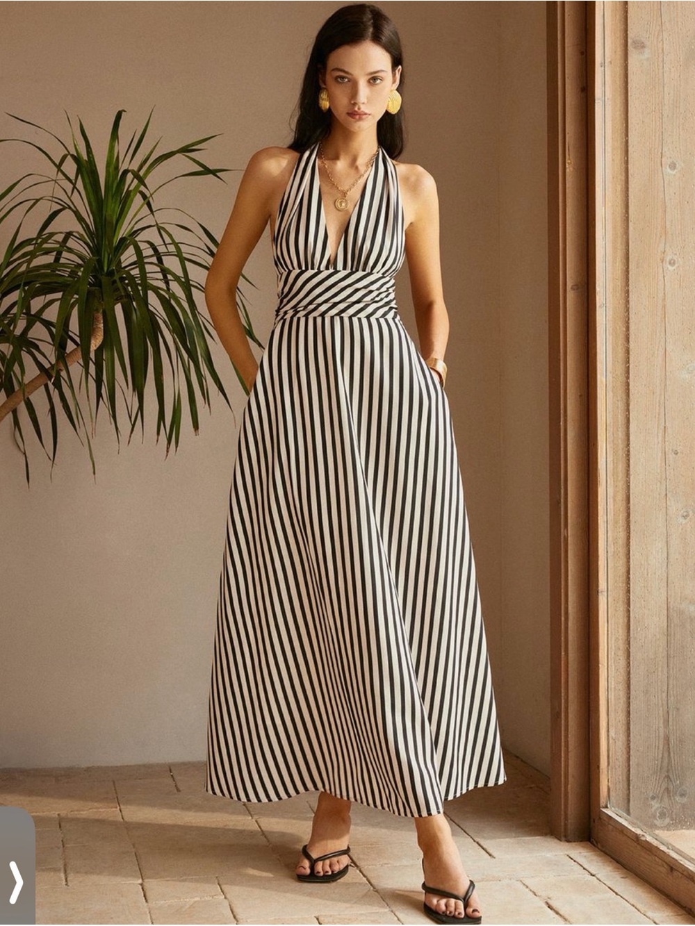 Commense Black & White Striped Halter Maxi Dress